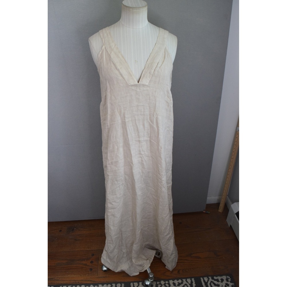 Anna Melani Maxi Dress Large Beige 100% Linen V-Neck Italy Summer Boho Lagenlook